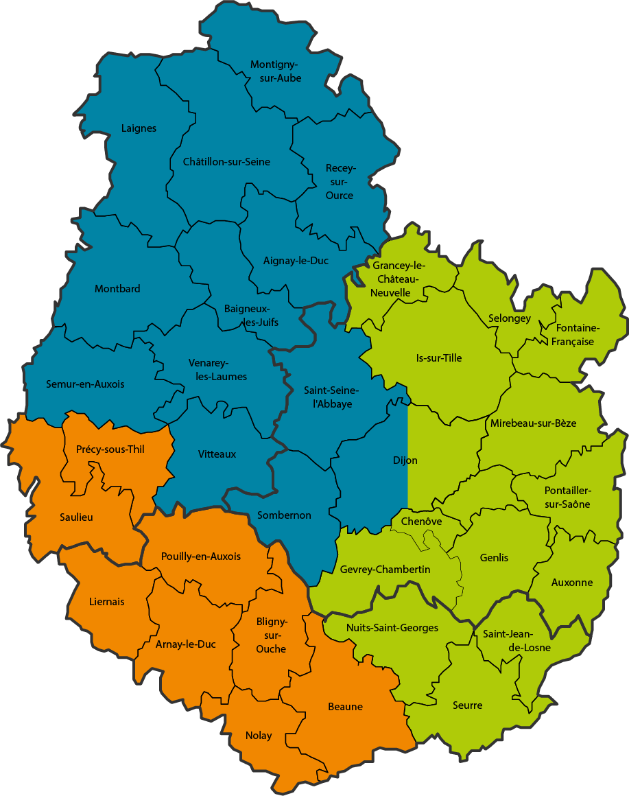 Carte des secteurs de vie associative de l'ADMR en Côte-d'Or